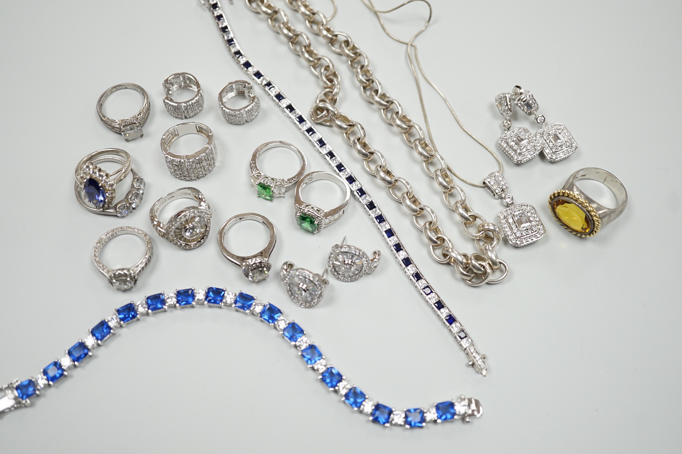 A group of assorted mainly 925 and cubic zirconia set jewellery including rings, earrings bracelet etc. and a 925 necklace.